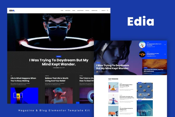Edia blog and magazine Elementor template kit preview