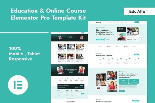 EduAlfa education and online course Elementor Pro template kit preview