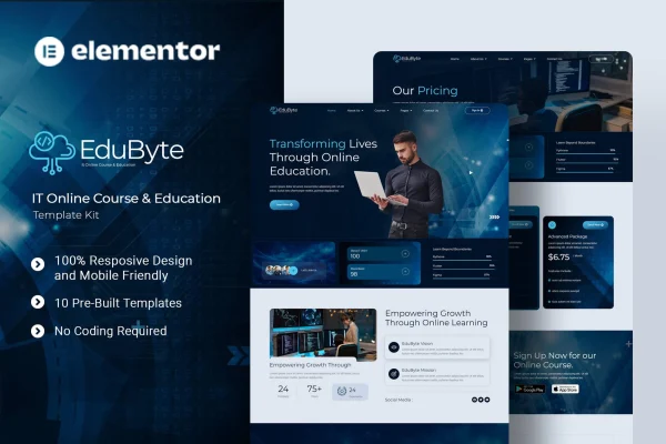 EduByte Elementor template kit preview for an IT online course and education website