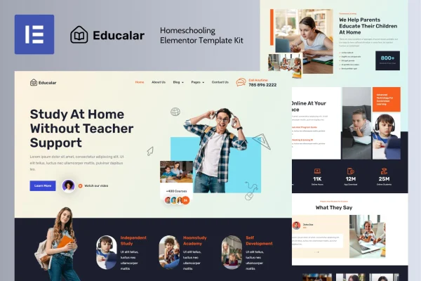 Educalar homeschooling Elementor template kit preview showing education website page layouts