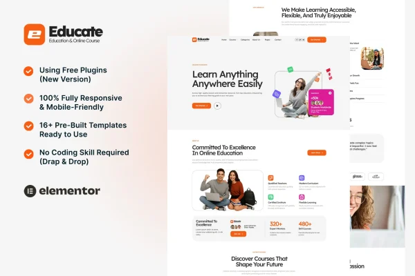 Educate eLearning and course Elementor template kit preview