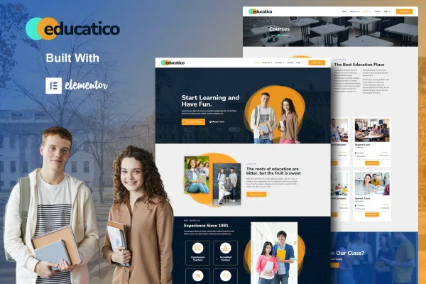 Educatico Elementor template kit preview showing education school and online course pages