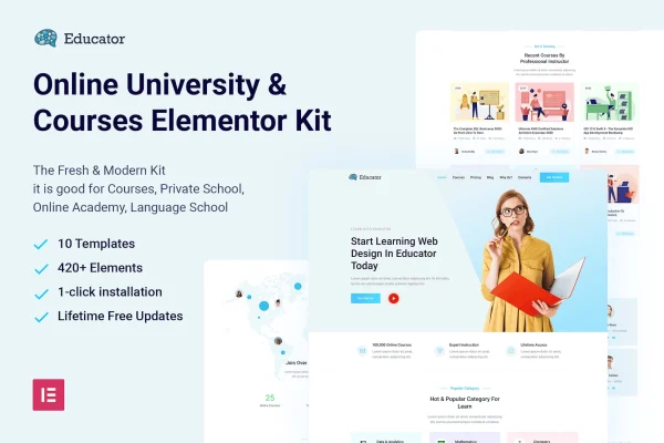 Educator Elementor template kit cover showing online university and course page designs