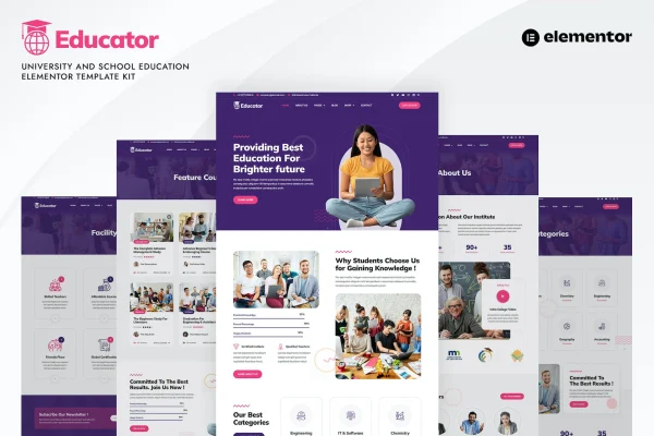 Educator Elementor template kit preview showing university and school website page layouts