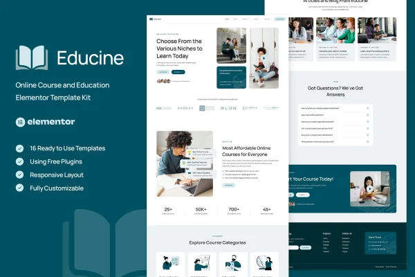 Educine online course and education Elementor template kit preview