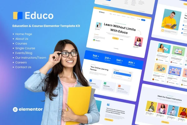 Educo education and online course Elementor template kit preview
