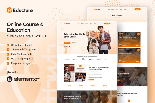 Educture online course and education Elementor template kit preview