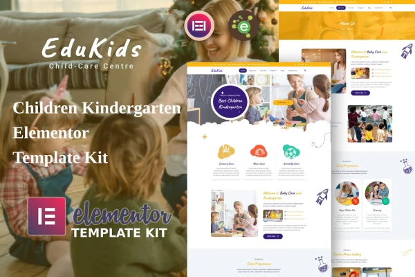 EduKids kindergarten Elementor template kit cover with colorful preschool website pages