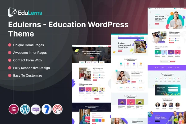 Edulerns education WordPress theme preview with school and course website layouts
