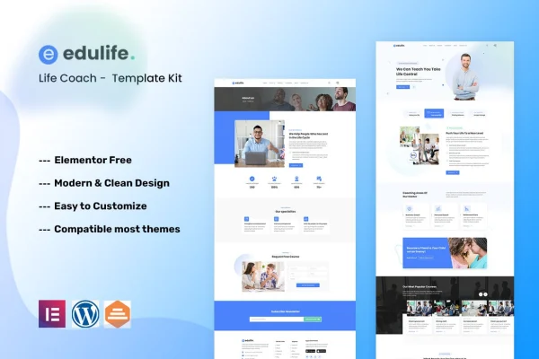 EduLife life coach Elementor template kit page previews