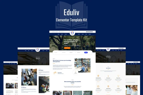Eduliv education Elementor template kit cover showing website page layouts