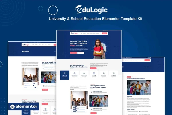 Edulogic education Elementor template kit preview with school and university page layouts