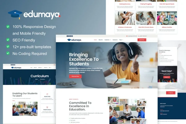 Edumaya homeschool Elementor template kit cover showing education website page layouts