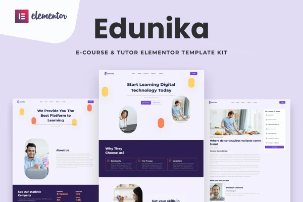 Edunika online education Elementor template kit preview showing course website pages
