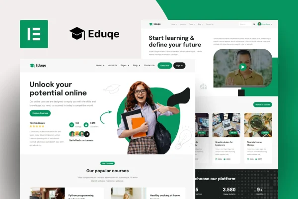 Eduqe online courses Elementor Pro template kit preview