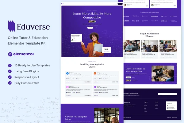 Eduverse online tutor and education Elementor template kit preview