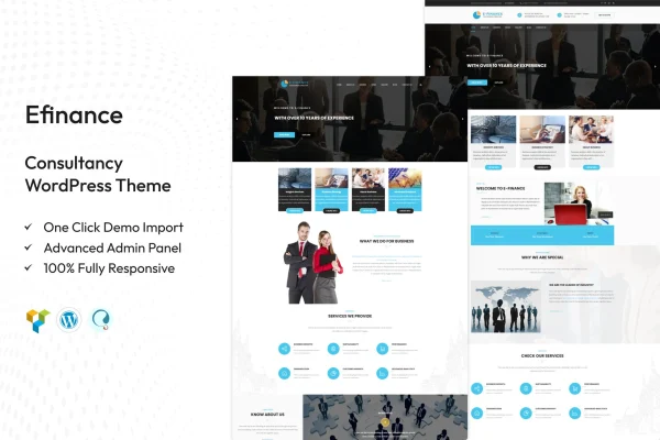 Efinance consultancy WordPress theme preview with finance business homepage layout
