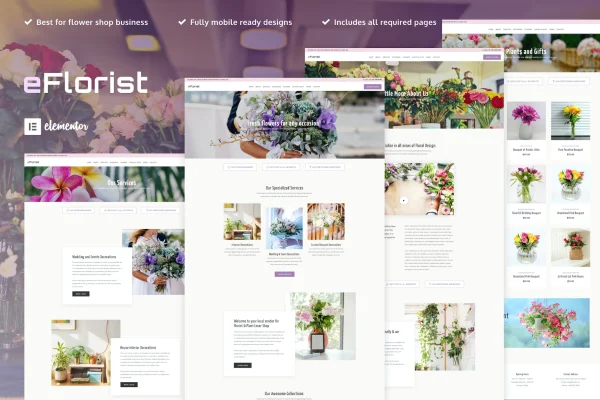 eFlorist flower boutique and decoration Elementor template kit preview