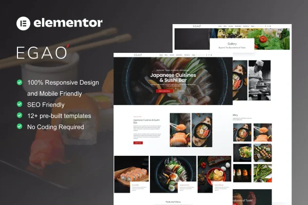 Egao Japanese restaurant and sushi bar Elementor template kit preview