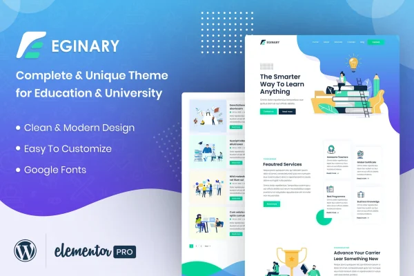 Eginary online education Elementor template kit cover showing course website page designs