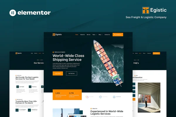 Egistic sea freight and logistics Elementor template kit cover showing page layouts