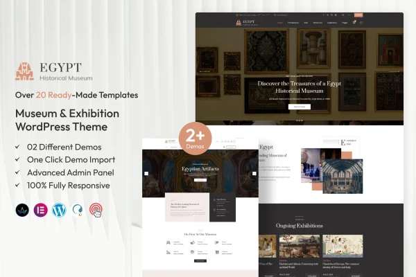 Egypt museum and exhibition WordPress theme preview with Egyptian-inspired design