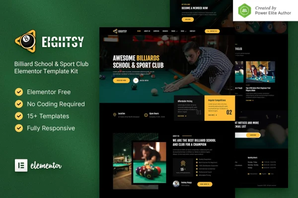 Eightsy billiard school and sport club Elementor template kit preview