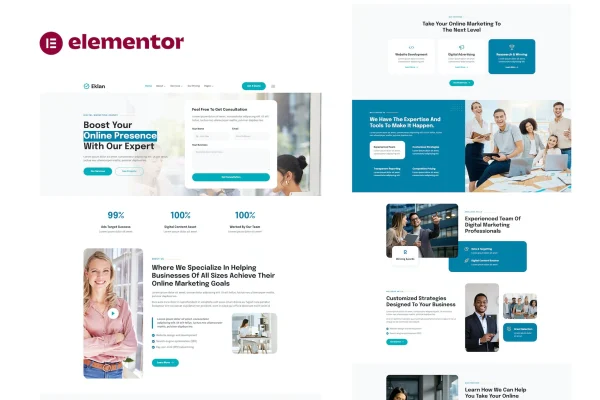 Eklan digital marketing agency Elementor template kit preview with blue accent page layouts