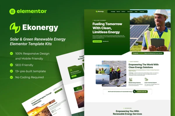 Ekonergy solar and green renewable energy Elementor template kit preview