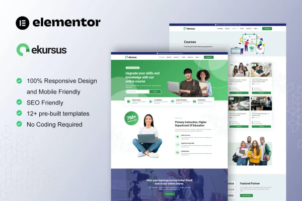 eKursus online course and education Elementor template kit preview