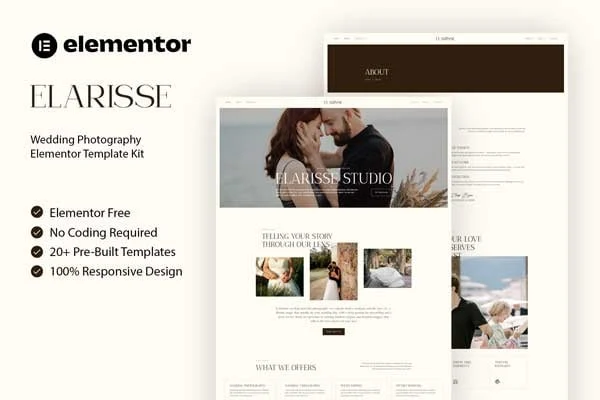 Elarisse wedding photography Elementor template kit preview with elegant gallery layouts