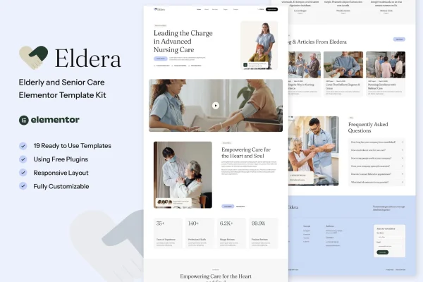 Eldera senior care Elementor template kit preview with warm, calming page layouts