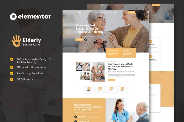Elderly senior care services Elementor template kit preview