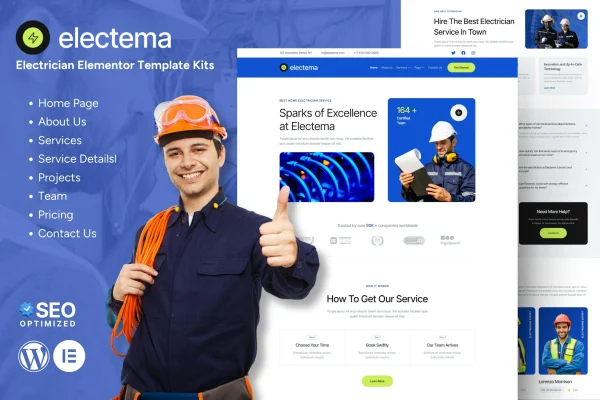 Electema electrician service Elementor template kit preview with blue accents