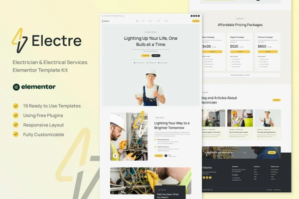 Electre electrician and electrical services Elementor template kit cover