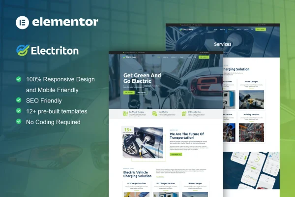 Electriton electric vehicle and charging station Elementor template kit preview
