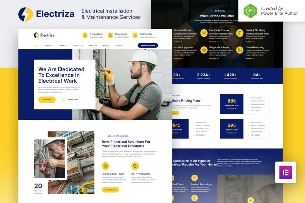 Electriza Elementor template kit preview for electrical installation and maintenance services