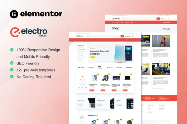 ElectroDeals Elementor template kit cover showing electronics store page layouts