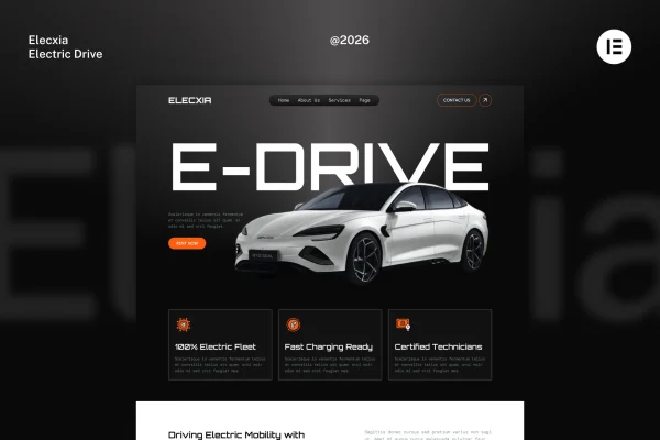 Elecxia Elementor template kit preview for an electric car rental and service website