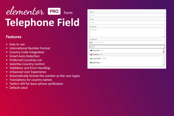 Elementor Form - International Telephone plugin banner showing a phone number field