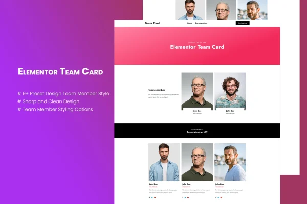 Elementor TeamCard plugin banner with team member profile cards