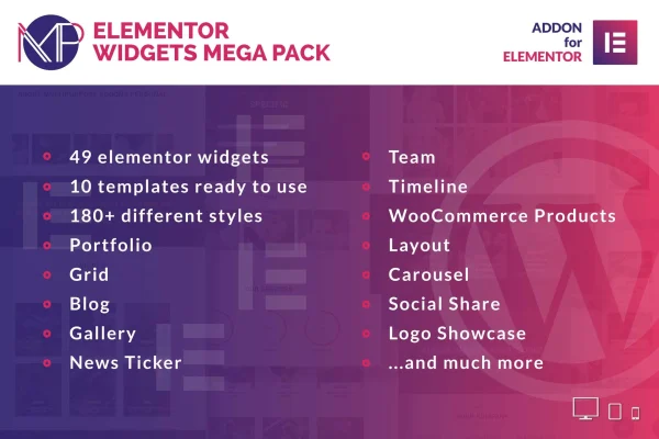 Elementor Widgets Mega Pack plugin banner showing Elementor addon widgets