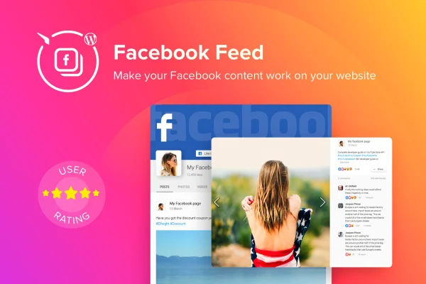Elfsight Facebook Feed CC plugin banner showing a Facebook feed on a WordPress site