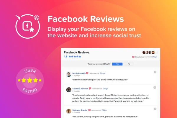 Elfsight Facebook Reviews CC plugin banner showing Facebook reviews with star ratings