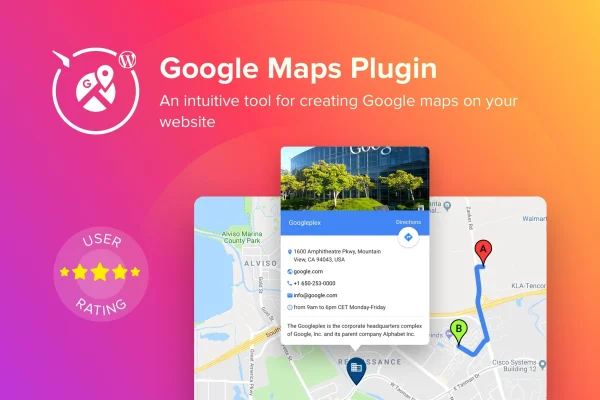 Elfsight Google Maps CC plugin banner showing an interactive map with location markers
