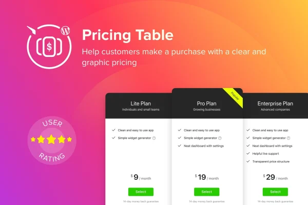Elfsight Pricing Table CC plugin banner showing sample pricing tables