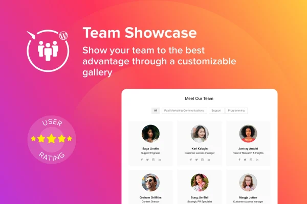 Elfsight Team Showcase CC plugin banner with team member profile cards