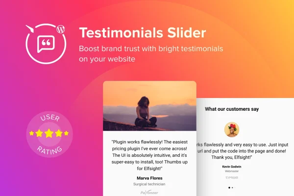 Elfsight Testimonials Slider CC plugin banner showing a client testimonial carousel