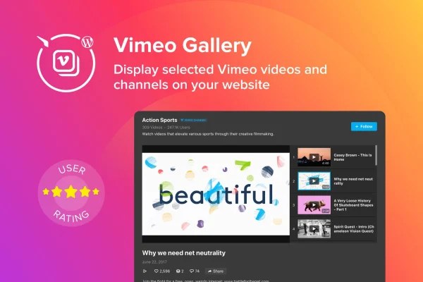 Elfsight Vimeo Gallery CC plugin banner showing a grid of Vimeo video thumbnails