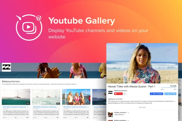 Elfsight YouTube Gallery CC plugin banner showing a grid of YouTube video thumbnails